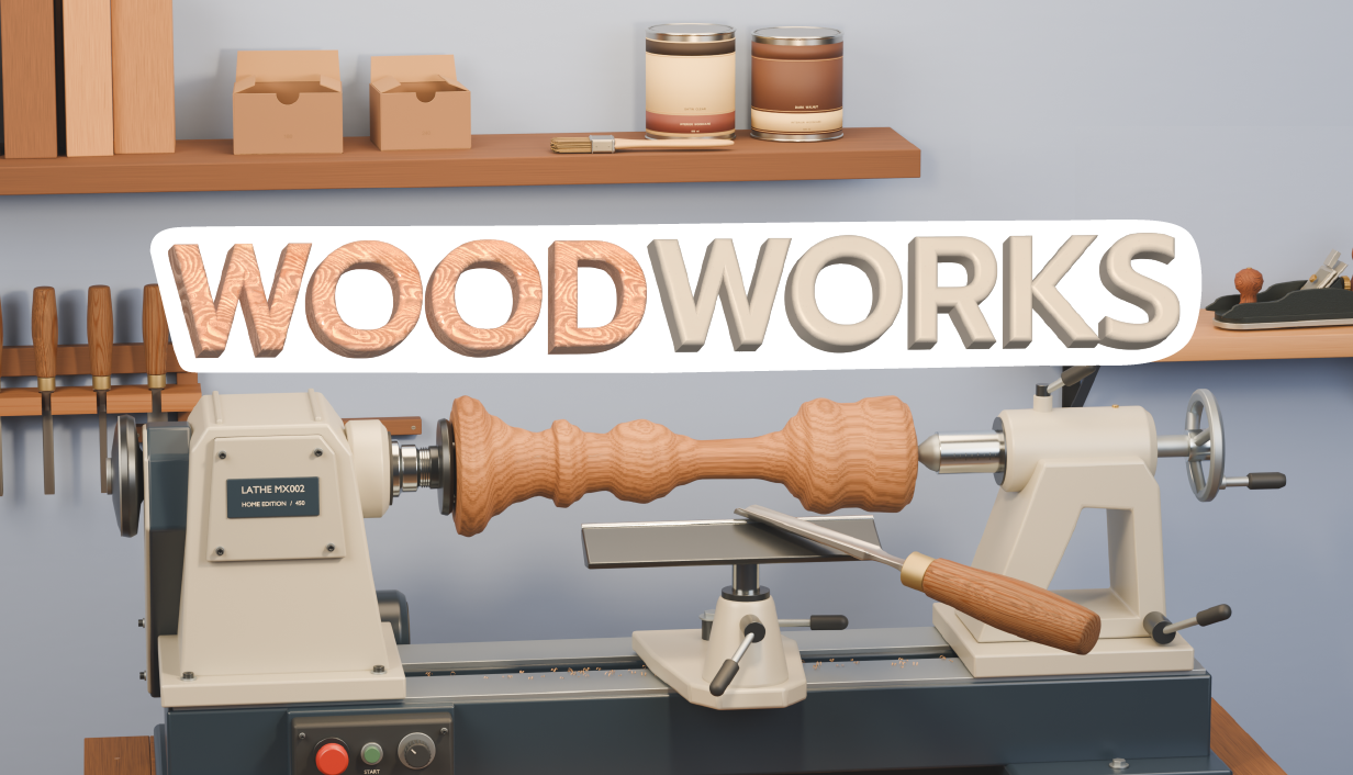 Woodworks — a woodworking lathe, chisels and workshop shelves